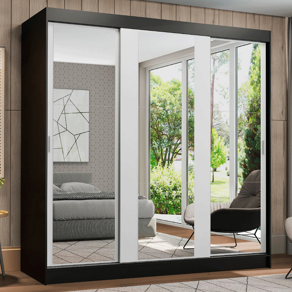 Clóset Reno 3 Puertas Corredizas con Espejos Negro/Blanco 180 cm x 205 cm x 54 cm