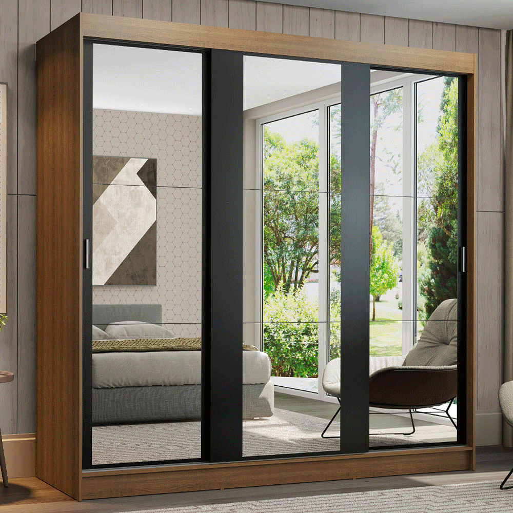 Clóset Reno 3 Puertas Corredizas con Espejos Marrón/Negro 180 cm x 205 cm x 54 cm