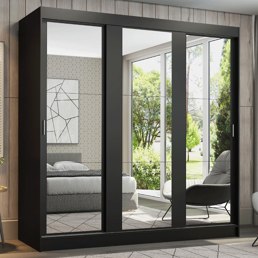 Clóset Reno 3 Puertas Corredizas con Espejos Negro 180 cm x 205 cm x 54 cm