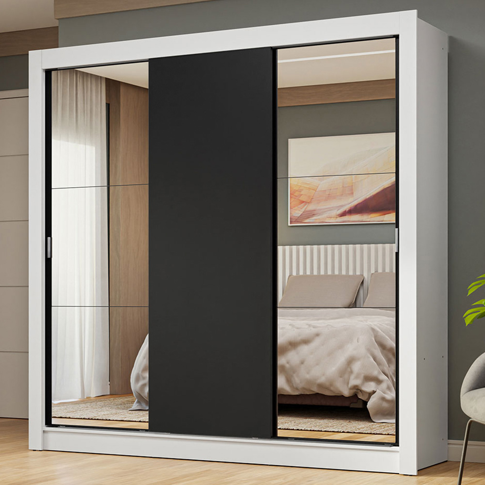 Clóset Nobre 3 Puertas Corredizas 2 Espejos Blanco/Negro 205 cm x 170 cm x 51 cm