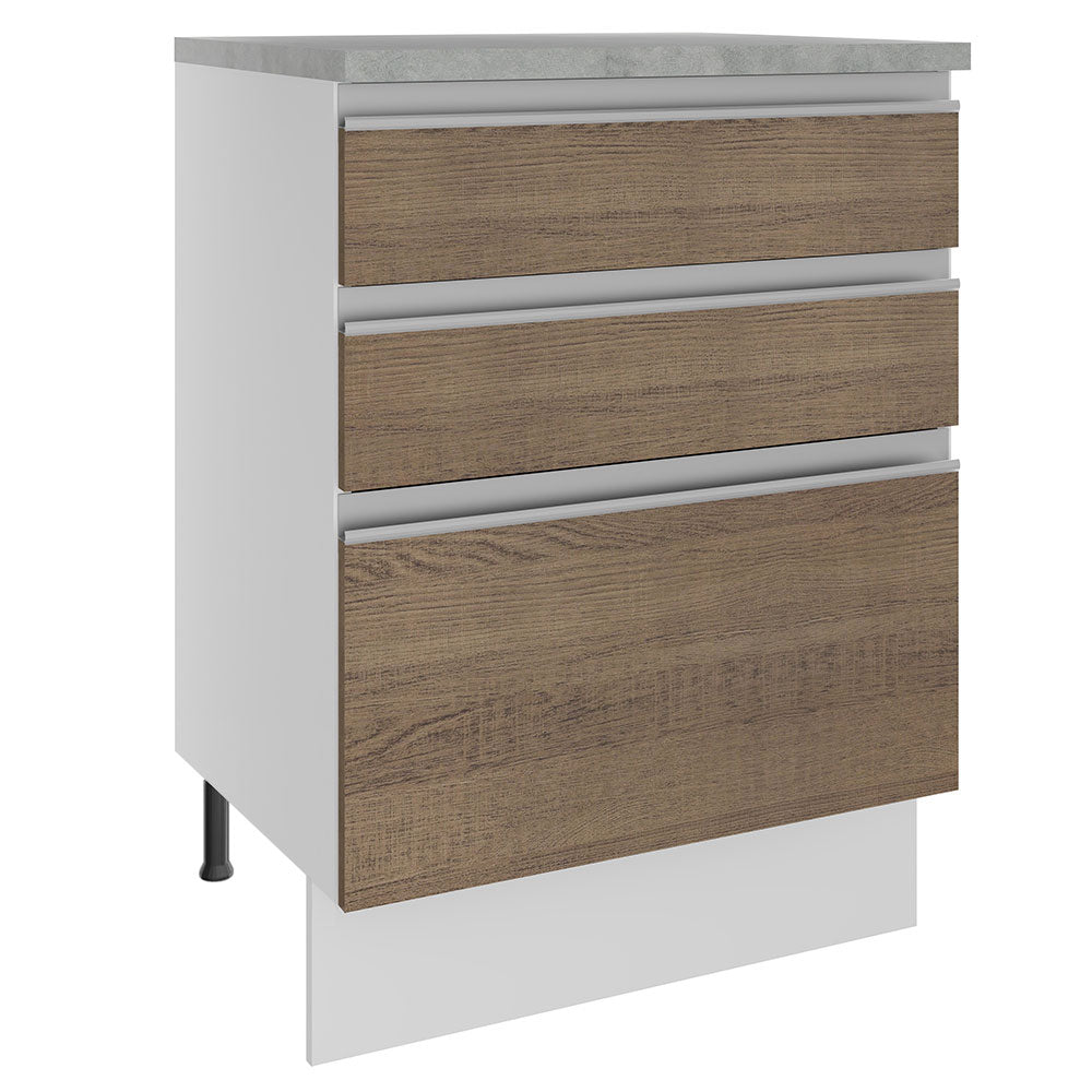 Mueble de Cocina Bajo Glamy 60 cm 3 Cajones Blanco/Marrón