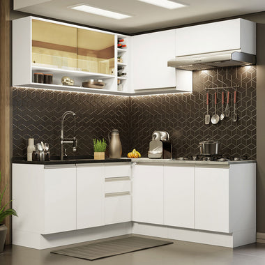 Cocina Integral de Esquina Glamy 3.50 m con Mesón de Acero Blanco 02