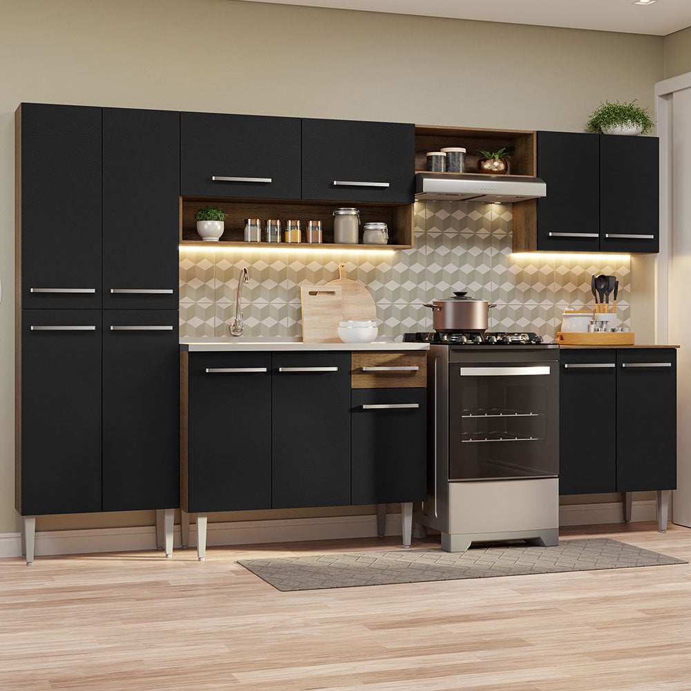 Cocina Integral Emilly 2.90 m con Mesón de Acero Marrón/Negro 08