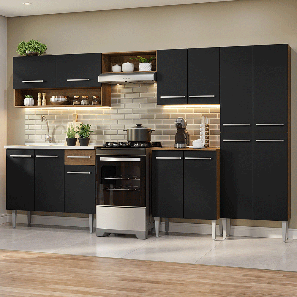 Cocina Integral Emilly 2.90 m con Mesón de Acero Marrón/Negro 09
