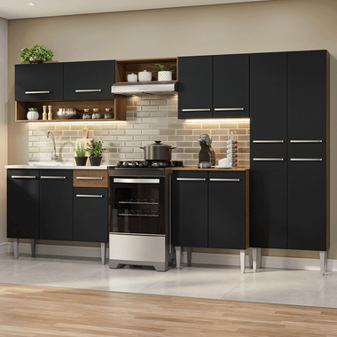 Cocina Integral Emilly 2.90 m con Mesón de Acero Marrón/Negro 09