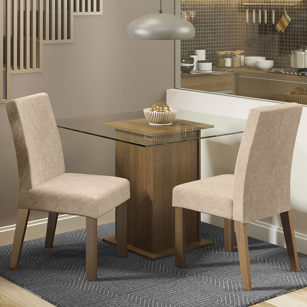 Juego de Comedor Luli con 2 Sillas - Encimera Cuadrada de Cristal Marrón/Imperial