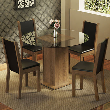 Juego de Comedor Nanda con 4 Sillas - Encimera Redonda de Cristal Marrón/Negro