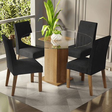 Juego de Comedor Mile con 4 Sillas - Encimera Redonda de Cristal Marrón/Oxford