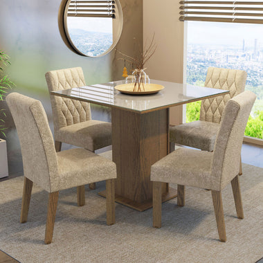 Juego de Comedor Anaju con 4 Sillas - Tablero de Madera y Cubierta de Cristal Marrón/Crema/Imperial