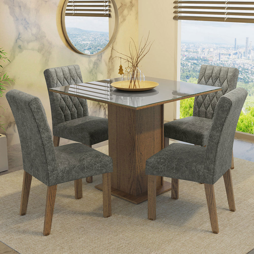 Juego de Comedor Anaju con 4 Sillas - Tablero de Madera y Cubierta de Cristal Marrón/Gris/Plateado