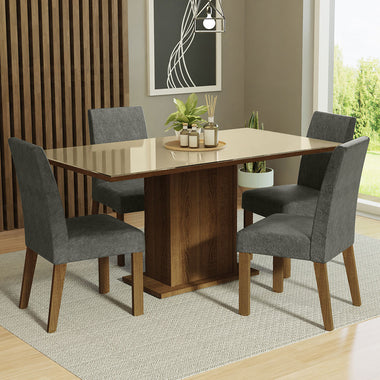 Juego de Comedor Avril con 4 Sillas - Tablero de Madera y Cubierta de Cristal Marrón/Crema/Plateado