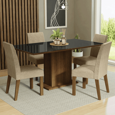 Juego de Comedor Avril con 4 Sillas - Tablero de Madera y Cubierta de Cristal Marrón/Negro/Imperial