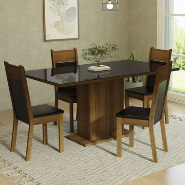 Juego de Comedor Greta con 4 Sillas - Tablero de Madera y Cubierta de Vidrio Negro/Marrón