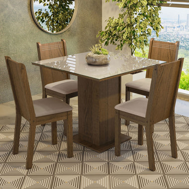 Juego de Comedor Perla con 4 Sillas - Tablero de Madera y Cubierta de Cristal Marrón/Crema/Beige