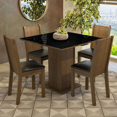 Juego de Comedor Perla con 4 Sillas - Tablero de Madera y Cubierta de Cristal Marrón/Negro