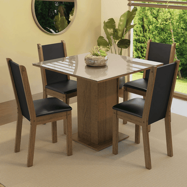 Juego de Comedor Tifani con 4 Sillas - Tablero de Madera y Cubierta de Cristal Marrón/Crema/Negro