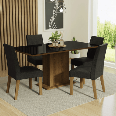 Juego de Comedor Avril con 4 Sillas - Tablero de Madera y Cubierta de Cristal Marrón/Negro/Oxford