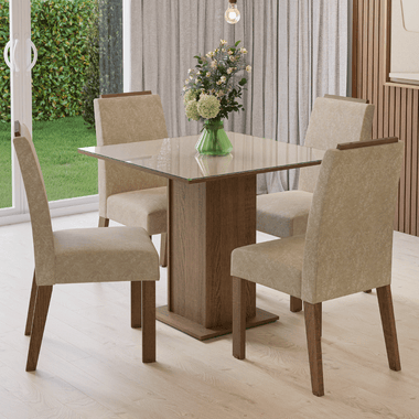 Juego de Comedor Sines con 4 Sillas - Tablero de Madera y Cristal Marrón/Crema/Imperial