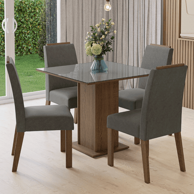 Juego de Comedor Sines con 4 Sillas - Tablero de Madera y Cristal MarrónGrisPlateado