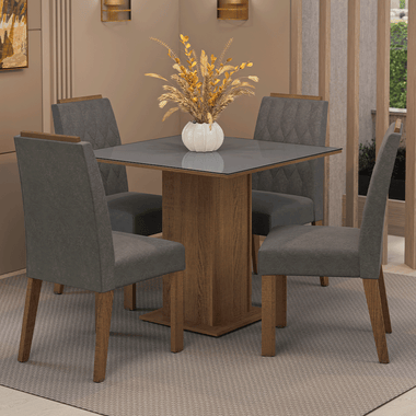 Juego de Comedor Capri con 4 Sillas - Tablero de Madera y Cristal Marrón/Gris/Plateado