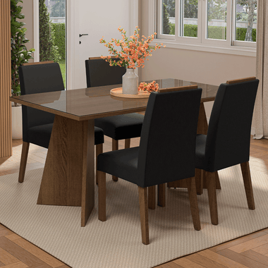 Juego de Comedor Braga con 4 Sillas - Tablero de Madera y Cristal Marrón/Oxford