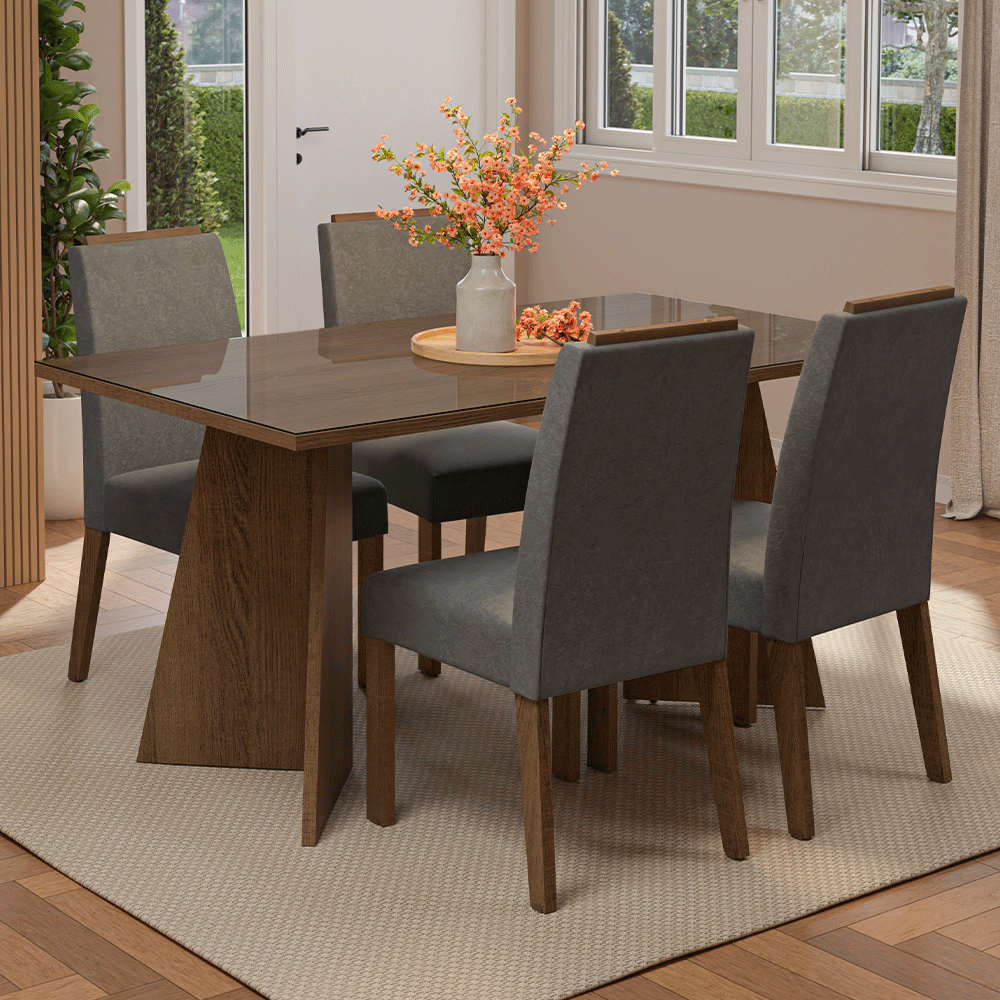 Juego de Comedor Braga con 4 Sillas - Tablero de Madera y Cristal Marrón/Plateado