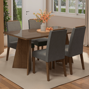 Juego de Comedor Braga con 4 Sillas - Tablero de Madera y Cristal Marrón/Plateado