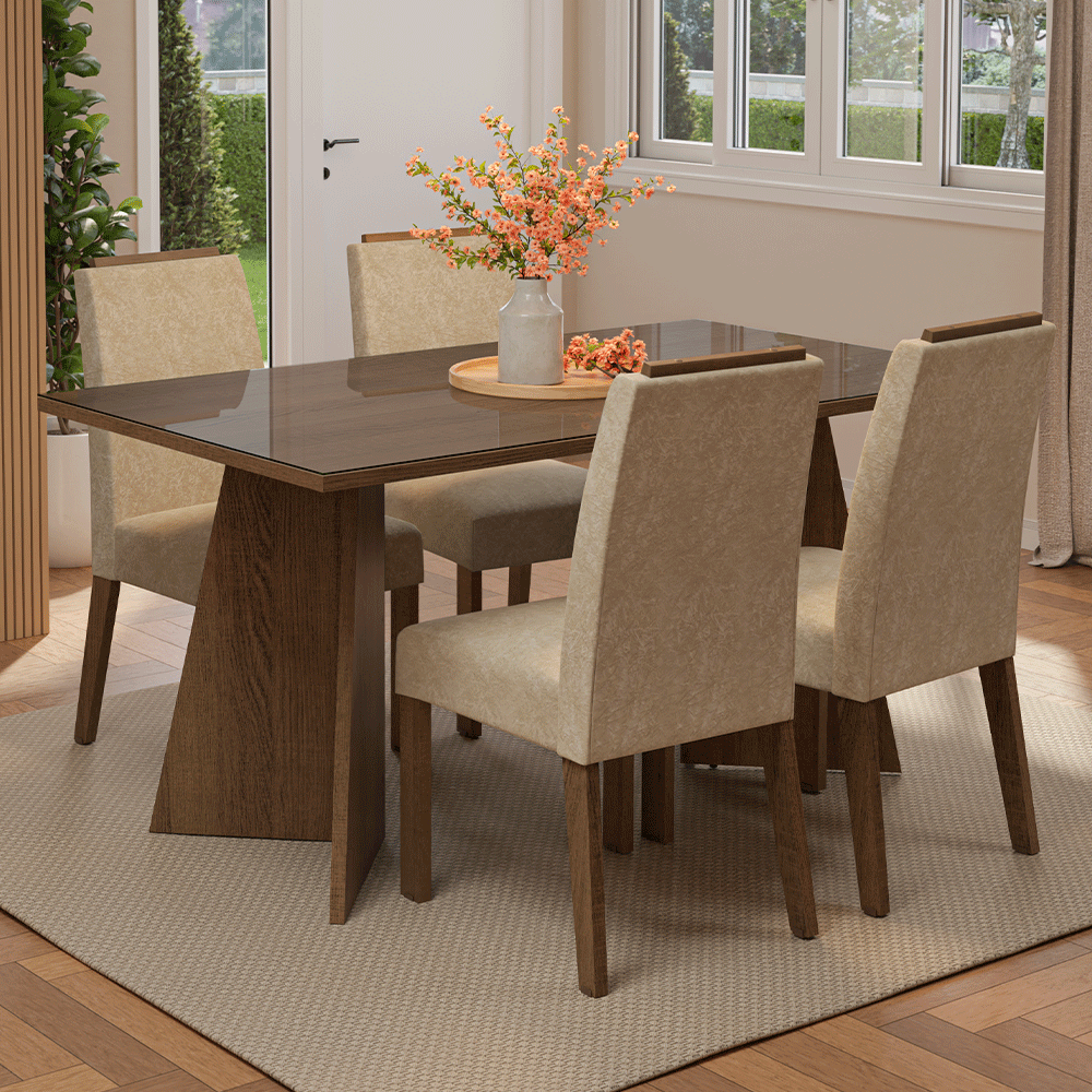 Juego de Comedor Braga con 4 Sillas - Tablero de Madera y Cristal Marrón/Imperial