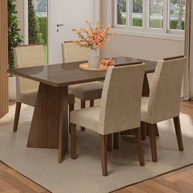 Juego de Comedor Braga con 4 Sillas - Tablero de Madera y Cristal Marrón/Imperial