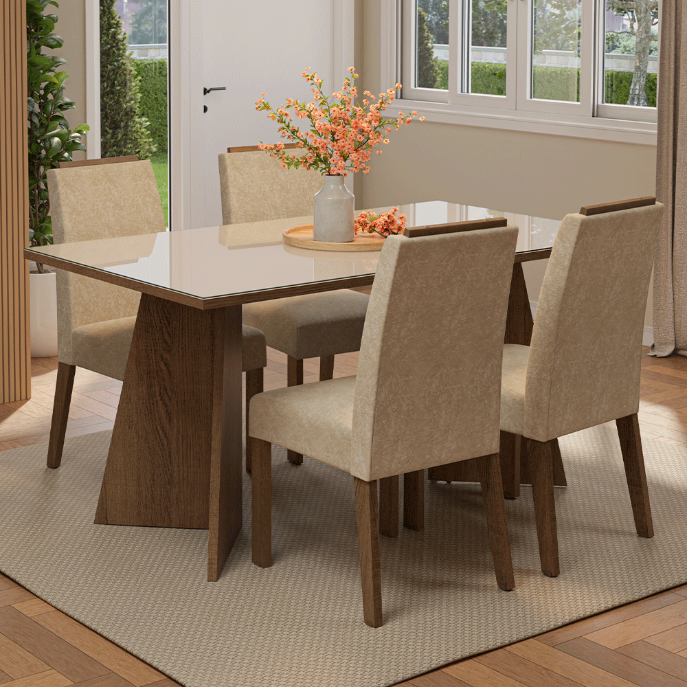Juego de Comedor Braga con 4 Sillas - Tablero de Madera y Cristal Marrón/Crema/Imperial