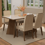 Juego de Comedor Braga con 4 Sillas - Tablero de Madera y Cristal Marrón/Crema/Imperial