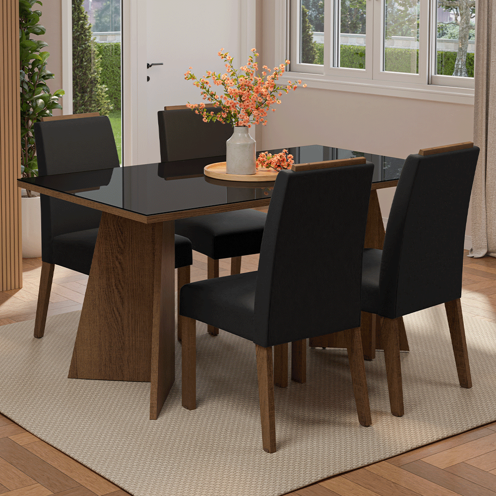 Juego de Comedor Braga con 4 Sillas - Tablero de Madera y Cristal Marrón/Negro/Oxford