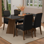 Juego de Comedor Braga con 4 Sillas - Tablero de Madera y Cristal Marrón/Negro/Oxford