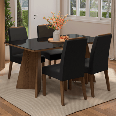 Juego de Comedor Braga con 4 Sillas - Tablero de Madera y Cristal Marrón/Negro/Oxford