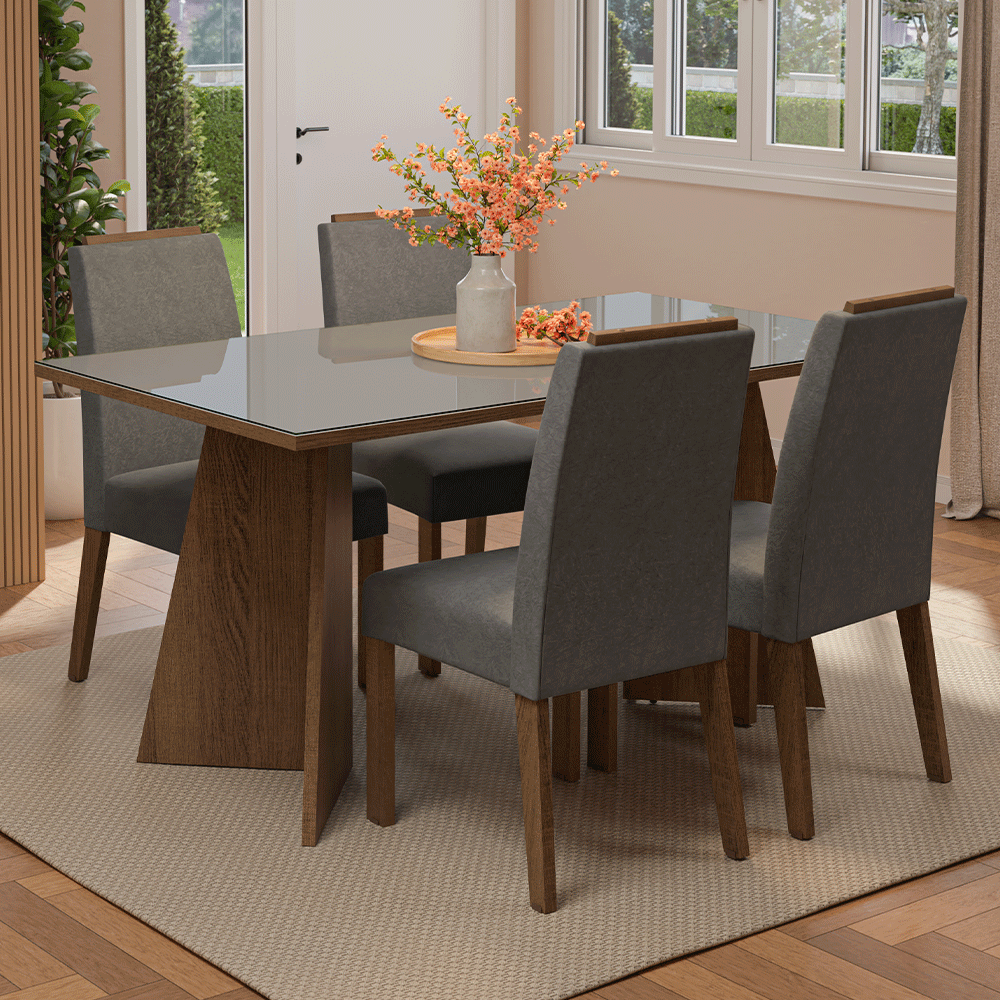 Juego de Comedor Braga con 4 Sillas - Tablero de Madera y Cristal Marrón/Gris/Plateado