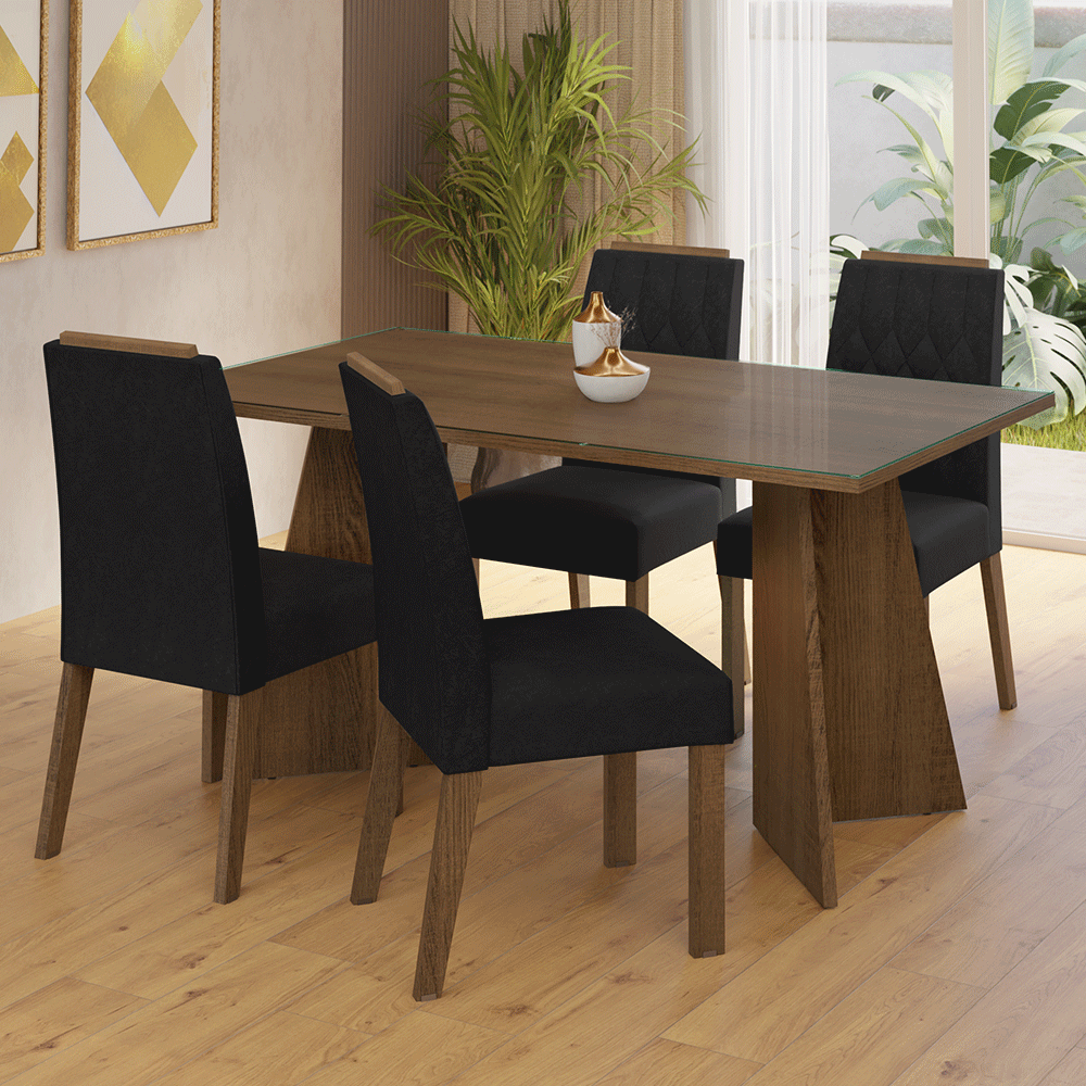 Juego de Comedor Porto con 4 Sillas - Tablero de Madera y Cristal Marrón/Oxford