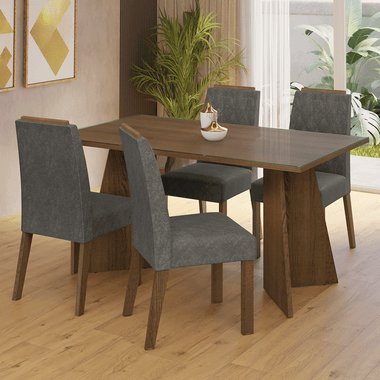 Juego de Comedor Porto con 4 Sillas - Tablero de Madera y Cristal Marrón/Plateado