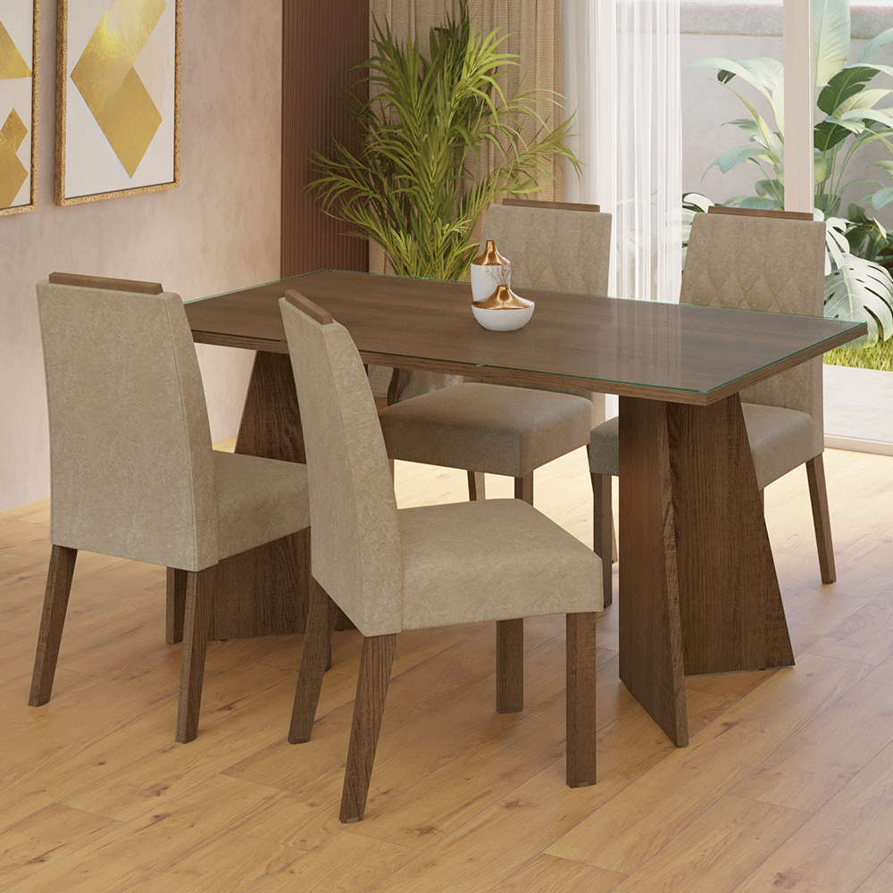 Juego de Comedor Porto con 4 Sillas - Tablero de Madera y Cristal Marrón/Imperial