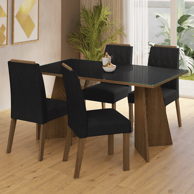 Juego de Comedor Porto con 4 Sillas - Tablero de Madera y Cristal Marrón/Negro/Oxford