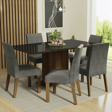 Juego de Comedor Alexis con 6 Sillas - Tablero de Madera y Cubierta de Cristal Marrón/Negro/Plateado