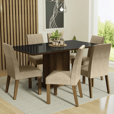 Juego de Comedor Alexis con 6 Sillas - Tablero de Madera y Cubierta de Cristal Marrón/Negro/Imperial