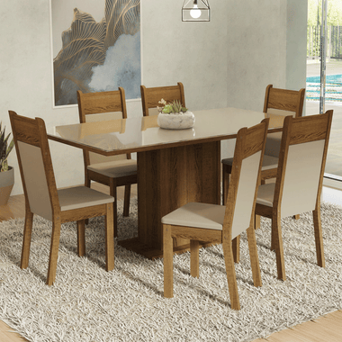 Juego de Comedor Francine con 6 Sillas - Tablero de Madera y Cubierta de Cristal Crema/Marrón/Beige