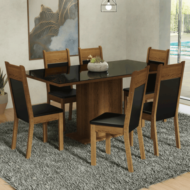 Juego de Comedor Francine con 6 Sillas - Tablero de Madera y Cubierta de Cristal Negro/Marrón