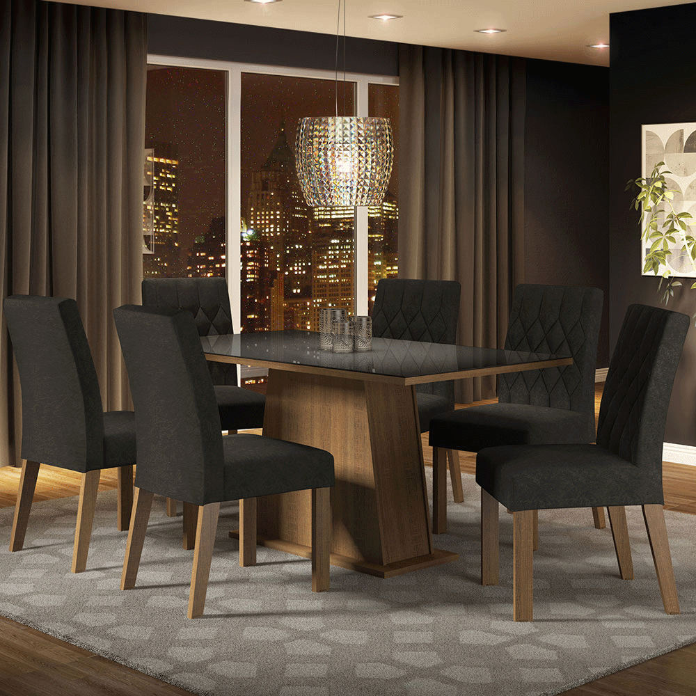 Juego de Comedor Stéfani con 6 Sillas - Tablero de Madera y Cubierta de Cristal Marrón/Negro/Oxford