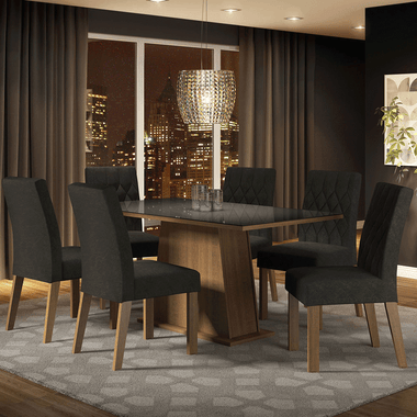 Juego de Comedor Stéfani con 6 Sillas - Tablero de Madera y Cubierta de Cristal Marrón/Negro/Oxford
