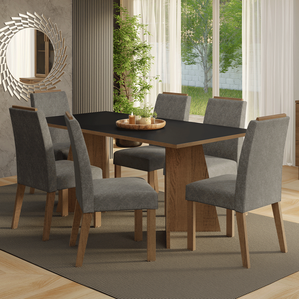 Juego de Comedor Minsk con 6 Sillas Marrón/Negro/Plateado