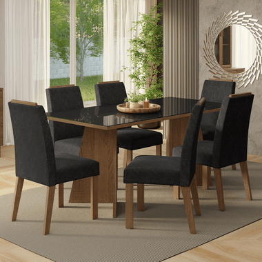 Juego de Comedor Amalfi con 6 Sillas - Tablero de Madera y Cristal Marrón/Negro/Oxford