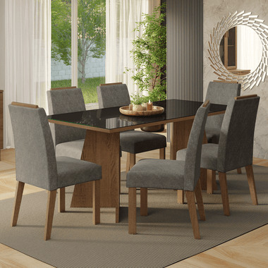Juego de Comedor Amalfi con 6 Sillas - Tablero de Madera y Cristal Marrón/Negro/Plateado