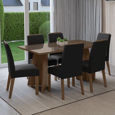 Juego de Comedor Madrid con 6 Sillas - Tablero de Madera y Cristal Marrón/Oxford