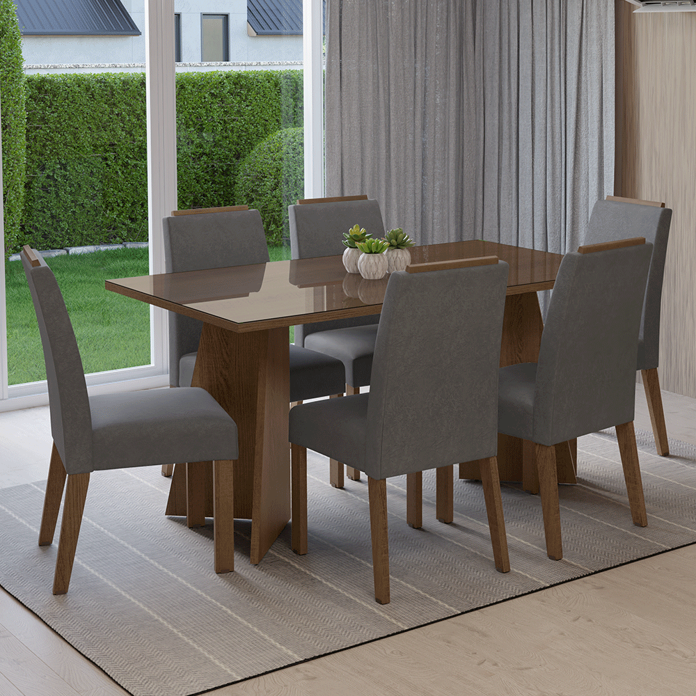 Juego de Comedor Madrid con 6 Sillas - Tablero de Madera y Cristal Marrón/Plateado